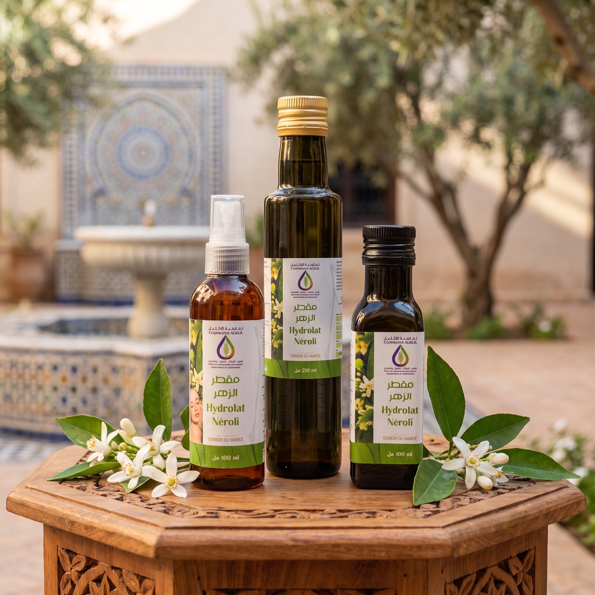 Hydrolat de neroli de la Coopérative AL IKLIL dans un riad marocain