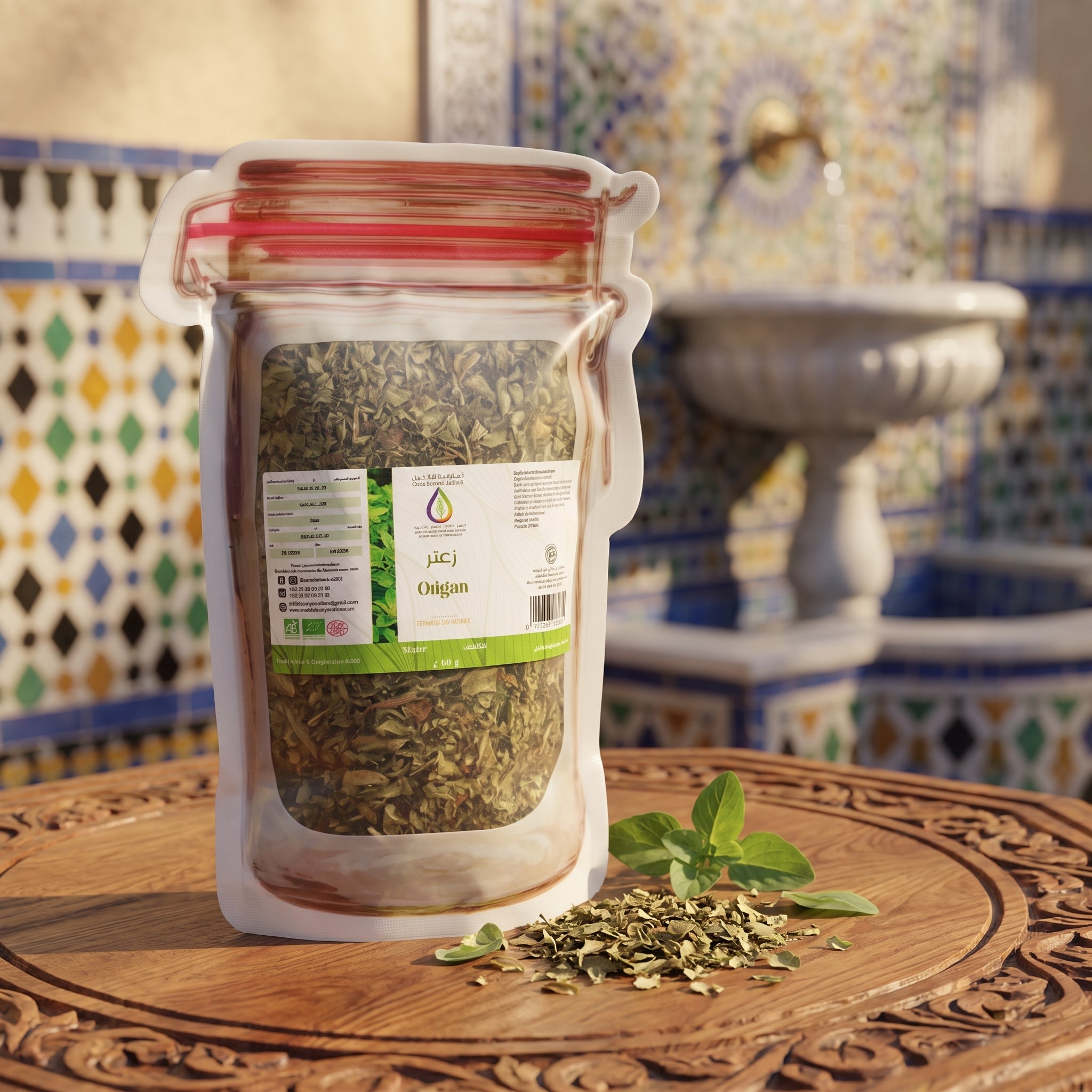 Pouch with oregano on table 202607080035