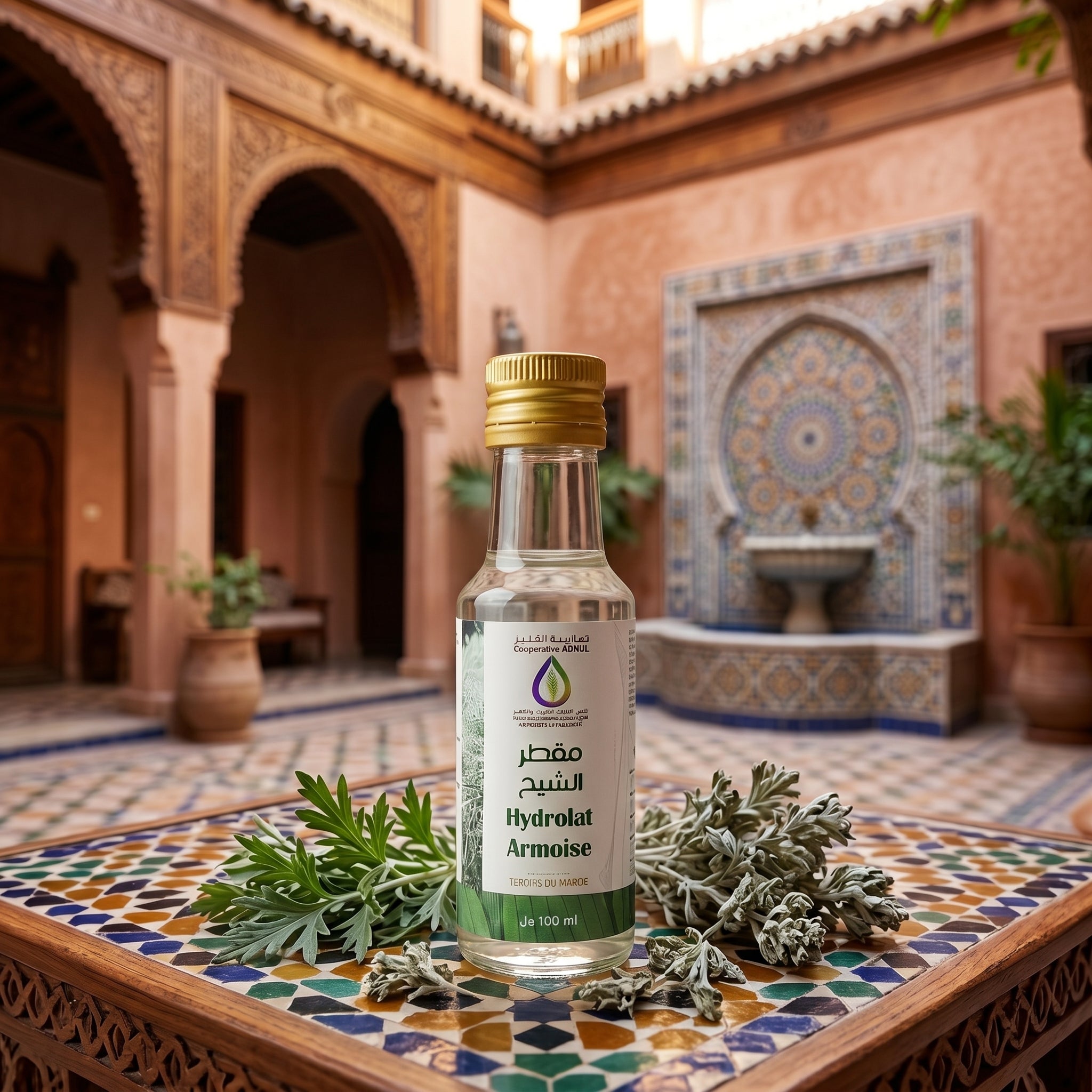hydrolat armoise dans un riad et une seqqaya