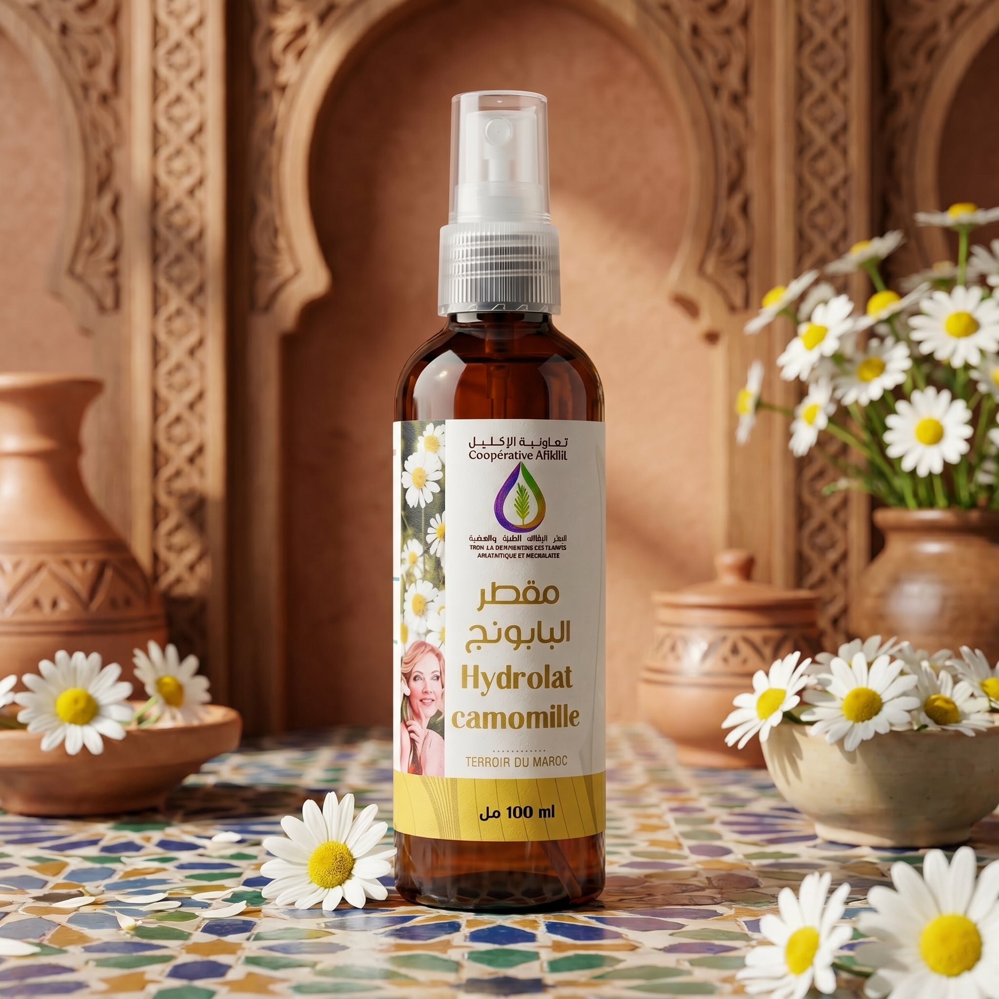 hydrolat camomille spray 100ml bio maroc de la cooperative AL IKLIL, arc andaloussi