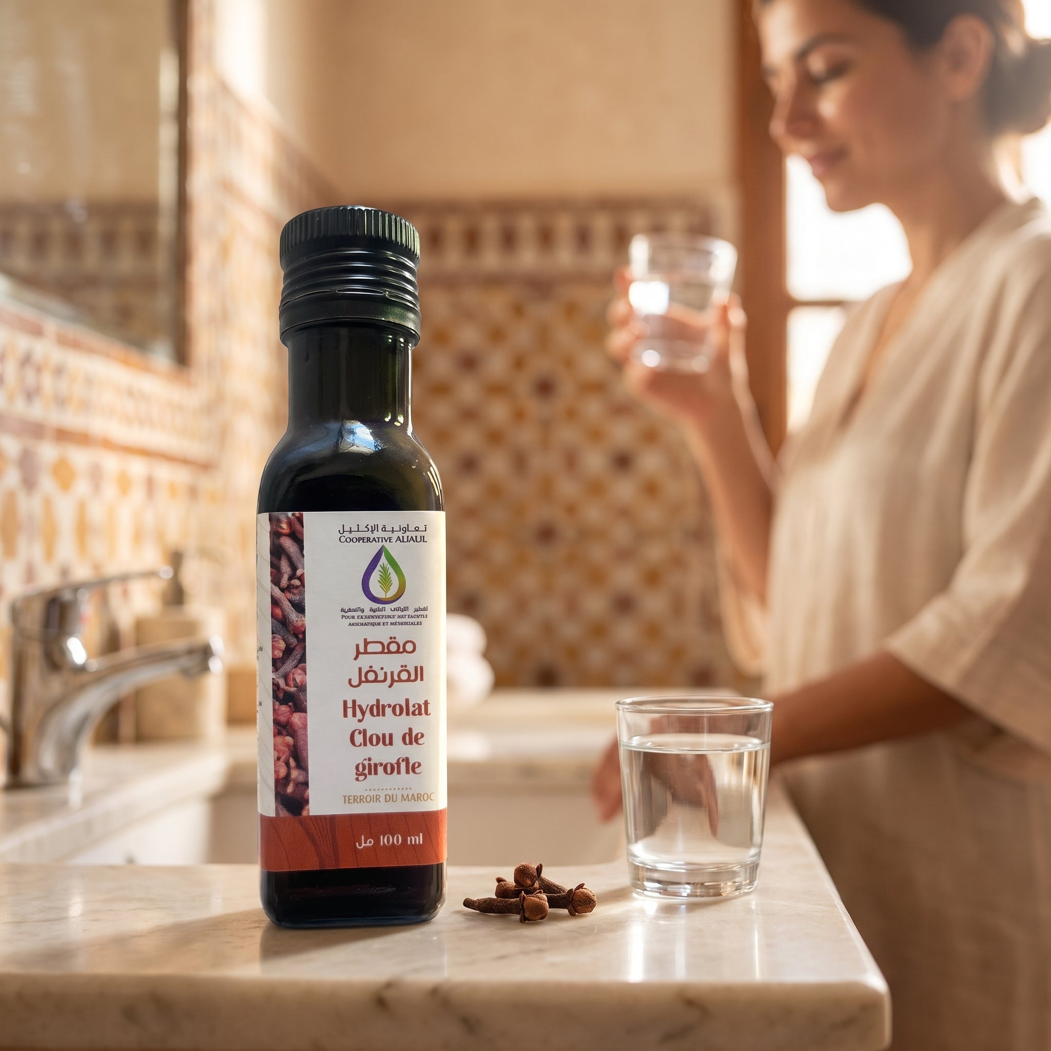 Hydrolat de clou de girofle bio 100 ml de la Coopérative AL IKLIL, flacon en verre dans une salle de bain marocaine
