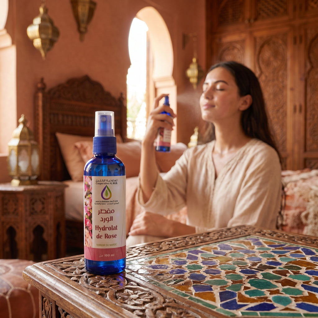 femme marocaine se rafraîchit avec l'eau de rose